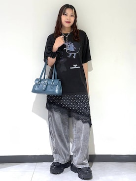 「PAGEBOY（ページボーイ）のレース×ドットキャミワンピース（チュニック、ブラック系）」を使った、りりりさん（レディース・157cm）の夏コーディネート