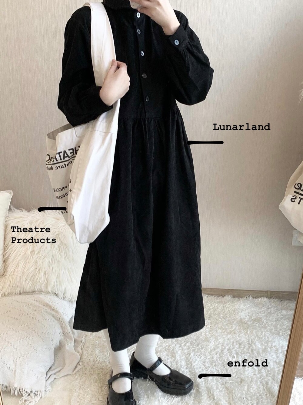 「ootd、outfit、日系极简、通勤穿搭、女人味、春コーデ、连衣裙」｜「ENFOLDのアイテム（シューズ、ブラック系）」を使った、牙牙さん（レディース・164cm）の春コーディネートの1枚目の写真