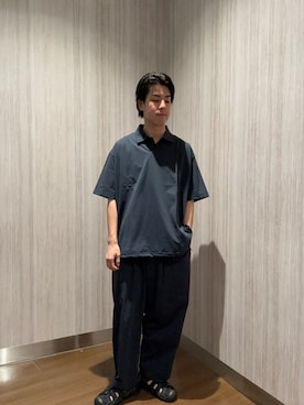 「Wide Dad（ワイドダッド）のアイテム（ポロシャツ、ブルー系）」を使った、もりうちさん（メンズ・174cm）の春コーディネート