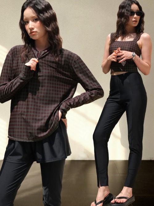 【紫外線カット率99.9％以上】クォータージップ ラッシュガード 付き 体型カバー タンキニ 水着 セットアップ 5点セット レディース