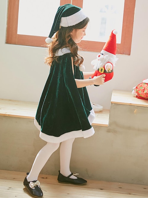 【ほぼ未使用】サンバ衣装セット ミントグリーン キッズ コスプレ クリスマスサンタ ポンチョ ワンピース（コスチューム