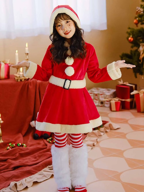 キッズ コスプレ クリスマスサンタ フードワンピース（コスチューム
