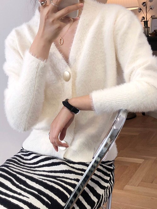 Vネック ファーニットカーディガン