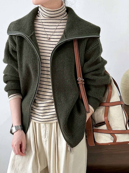 フロントジップ リブニット トップス