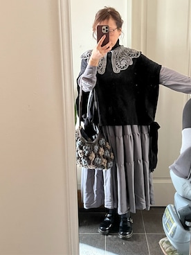 「Libra Cue（リブラ キュー）のティアードエアリーボリュームワンピース（ワンピース）」を使った、Aki さん（レディース・157cm）の秋コーディネート