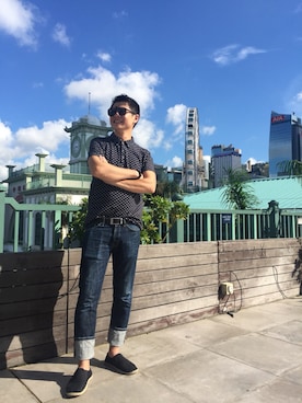 「H&M（エイチ・アンド・エム）のアイテム（スリッポン）」を使った、Jason Chenさん（メンズ・180cm）の夏コーディネート