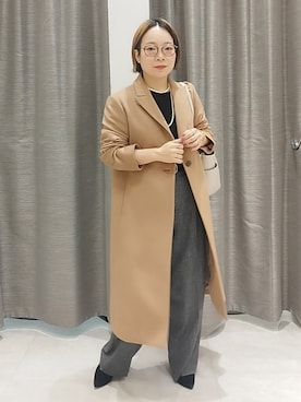 「UNTITLED（アンタイトル）のウールカシミヤテーラーコート（チェスターコート、イエロー系）」を使った、sugiさん（レディース・153cm）の秋コーディネート