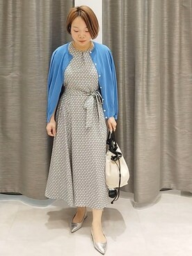 「UNTITLED（アンタイトル）の【古畑星夏さん着用/9色展開/アンサンブル可】コットンクルーネックカーディガン（カーディガン/ボレロ、ブルー系）」を使った、sugiさん（レディース・153cm）の春コーディネート