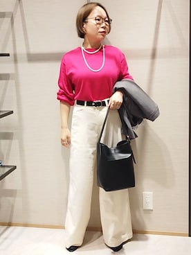 「UNTITLED（アンタイトル）の【店頭人気！/8色展開】ボリュームスリーブニットプルオーバー（ニット/セーター、ピンク系）」を使った、sugiさん（レディース・153cm）の秋コーディネート