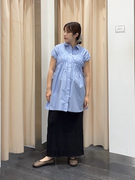 「KBF（ケイビーエフ）のスリーブレスシャーリングミニワンピース（ワンピース、ブルー系）」を使った、maikoさん（レディース・159cm）の夏コーディネート