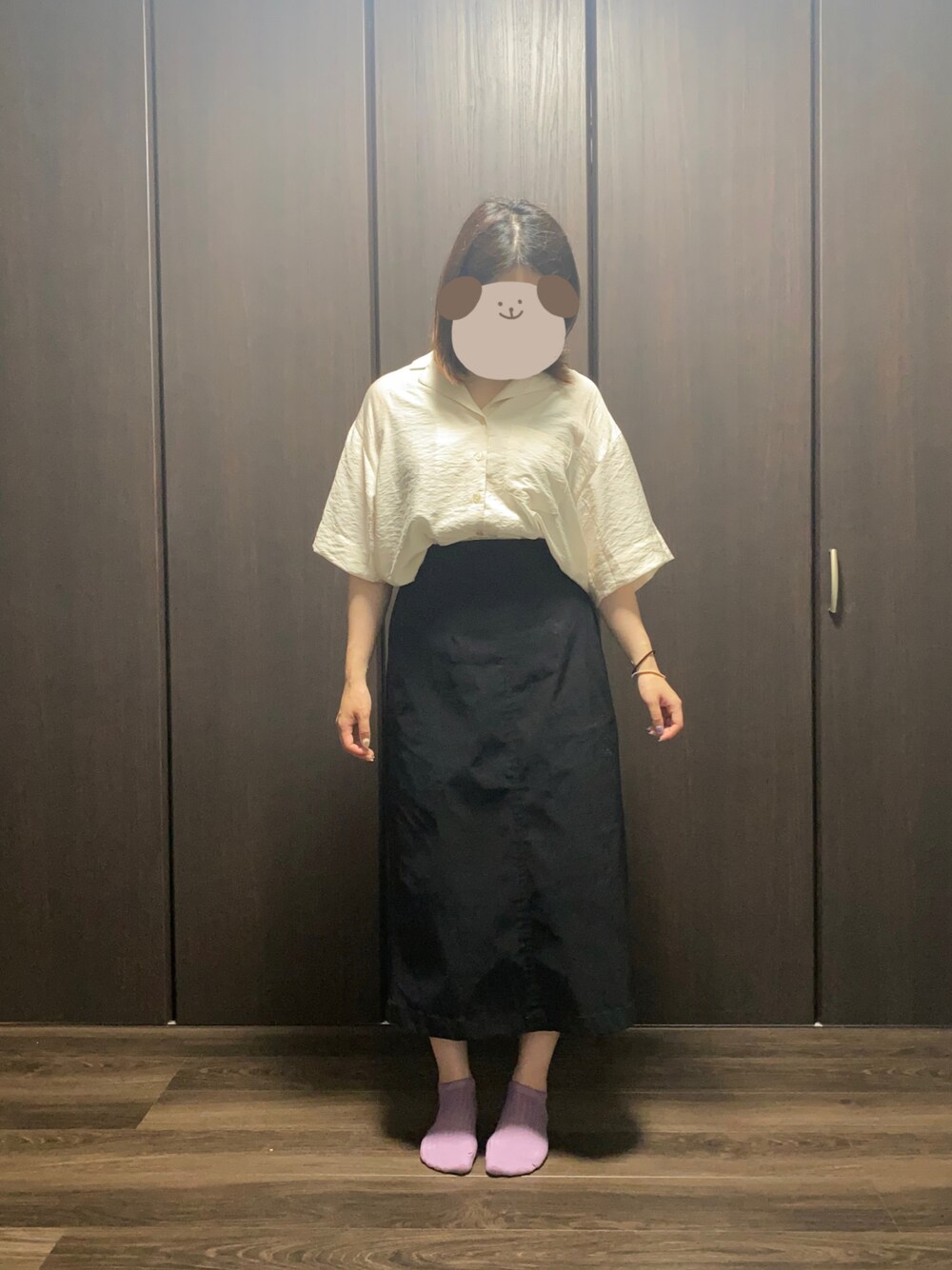 「ぽっちゃり、休日コーデ、プチプラコーデ、タイトスカート、今日のコーデ、ラクチンコーデ、大人かわいい」｜「PAGEBOYのショートオープンカラーシャツ（シャツ/ブラウス、ホワイト系）」を使った、千日紅さん（レディース・156cm）の夏コーディネートの1枚目の写真