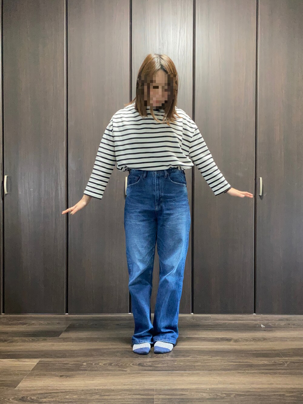 「ぽっちゃり、休日コーデ、カジュアルコーデ、秋冬、今日のコーデ、低身長女子、ボーダートップス」｜「cepoのデニムクロップド（デニムパンツ、ブルー系）」を使った、千日紅さん（レディース・156cm）の秋コーディネートの1枚目の写真