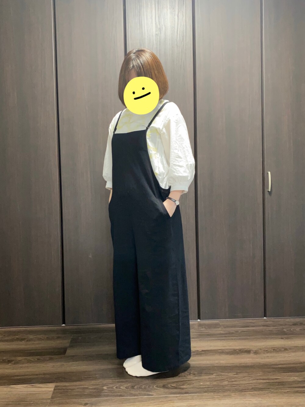「休日スタイル、シンプルコーデ、ラクチンコーデ、ぽっちゃり、うごきやすさ重視」｜「haupiaのミモザのリース【　ブラウス　】（シャツ/ブラウス、ホワイト系）」を使った、千日紅さん（レディース・156cm）の夏コーディネートの1枚目の写真