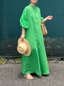 「麦わら帽子」｜「アイテム（シャツワンピース）」を使った、ＫＲさん（レディース・159cm）の夏コーディネート