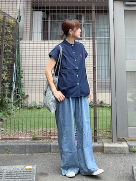 「LOWRYS FARM（ローリーズファーム）のイージーバギーデニム　601067（デニムパンツ、ブルー系）」を使った、ＫＲさん（レディース・159cm）の春コーディネート