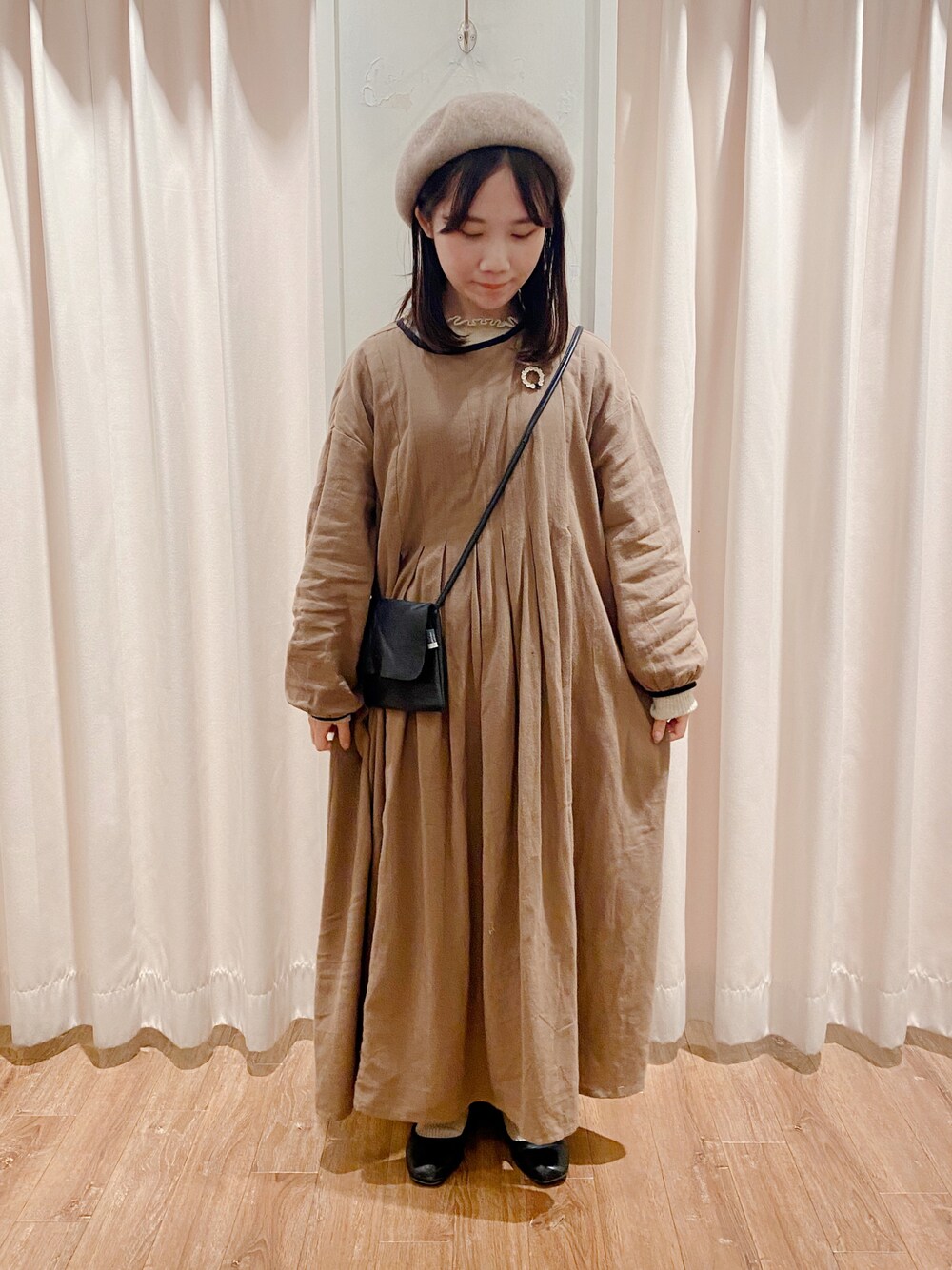 「Samansa Mos2、SM2、サマンサ モスモス(Samansa Mos2)、春コーデ、低身長、低身長コーデ、ワンピース、ベレー帽、ワントーンコーデ」｜「studio CLIPの洗える形キープベレー帽（ハンチング/ベレー帽、ベージュ系）」を使った、あんころさん（レディース・148cm）の冬コーディネートの1枚目の写真
