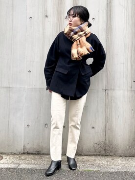 「KBF（ケイビーエフ）のアイテム（ノーカラージャケット）」を使った、わたさん（レディース・156cm）の冬コーディネート