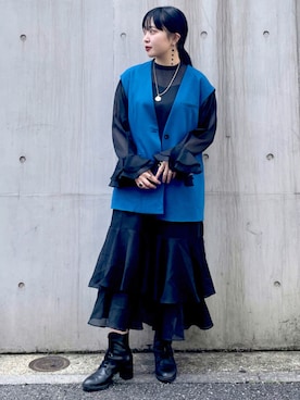 「KBF（ケイビーエフ）のアイテム（ノーカラージャケット）」を使った、わたさん（レディース・156cm）の秋コーディネート