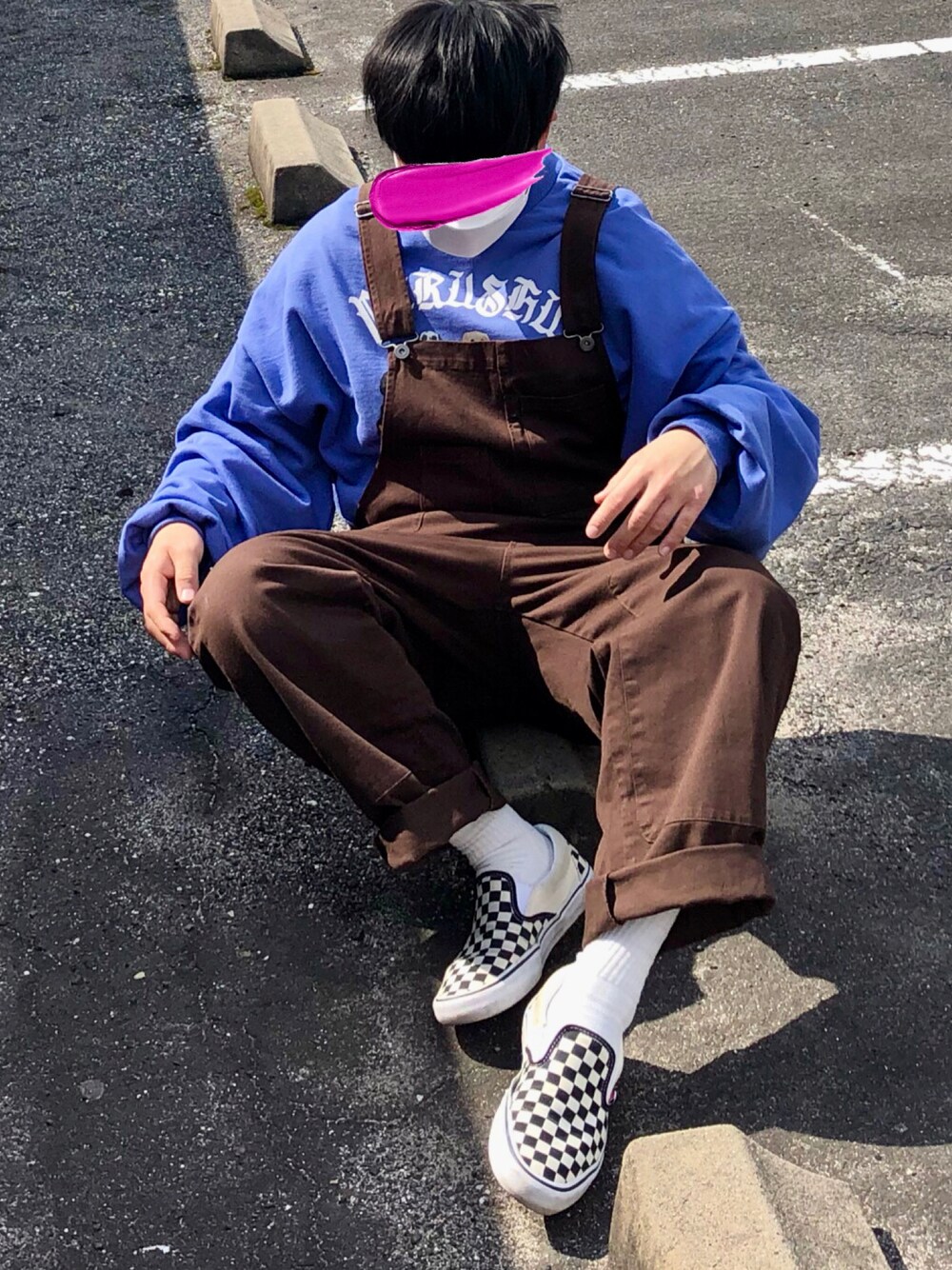 「おしゃれさんと繋がりたい、ストリート、古着好きな人と繋がりたい、オーバーオール、スウェット、VANS、低身長」｜「Perushuのアソート裏毛スウェット（スウェット、ブルー系）」を使った、ＴａＫｕ🥑さん（メンズ・164cm）の春コーディネートの1枚目の写真
