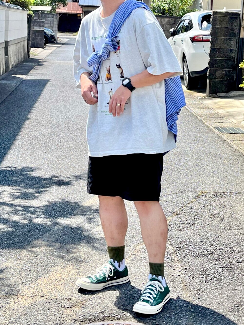 「お洒落さんとつながりたい、古着好きな人と繋がりたい、ストリート、低身長、シャツスタイル、たすき掛け、GU、コンバース」｜「CT70のアイテム（スニーカー、グリーン系）」を使った、ＴａＫｕ🥑さん（メンズ・164cm）の秋コーディネートの1枚目の写真