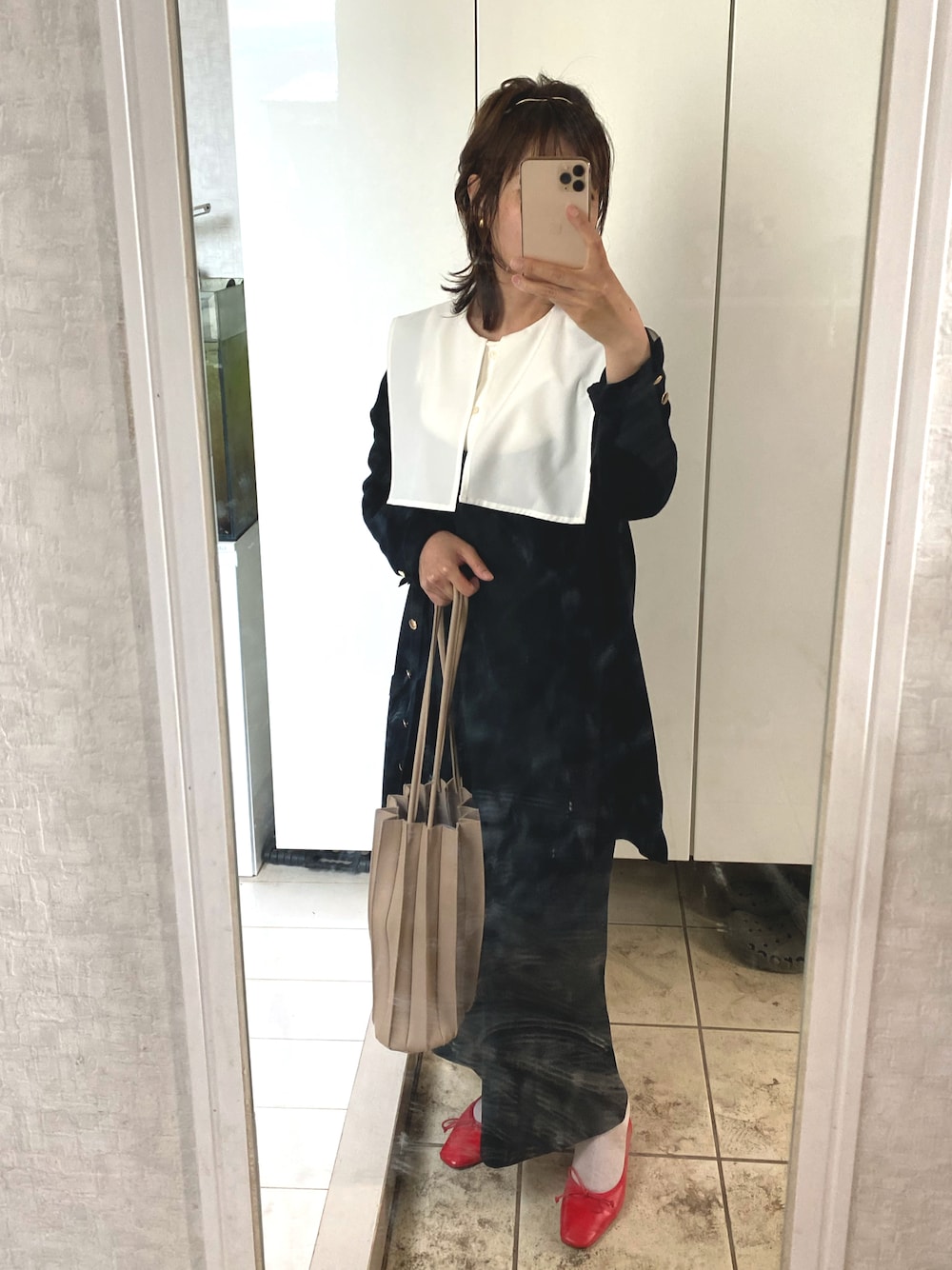 「休日コーデ、きれいめカジュアル、おしゃれさんと繋がりたい、低身長、ワンピース、スカートスタイル、黒、ママファッション、オトナカワイイ、ウルフカット、いいね、save、フォローお願いします🤑、アラフォー、バレーシューズ、セーラー」｜「ZARAのアイテム（カーディガン/ボレロ、ブラック系）」を使った、Mickeyさん（レディース・154cm）の夏コーディネートの1枚目の写真