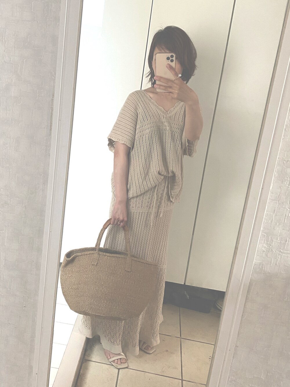 「大人コーデ、おしゃれさんと繋がりたい、キレイめ、低身長コーデ、セットアップ、春夏コーデ、プチプラコーデ、GU、ベージュ、いいね、save、フォローお願いします🤑」｜「GUのアイテム（Tシャツ/カットソー、ベージュ系）」を使った、Mickeyさん（レディース・154cm）の夏コーディネートの1枚目の写真