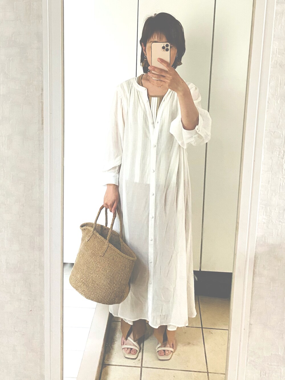 「夏コーデ、シンプルコーデ、プチプラコーデ、パンツコーデ、お洒落さんとつながりたい、今日のコーデ、かごバッグ、低身長、ママコーデ」｜「GUのアイテム（サンダル、ベージュ系）」を使った、Mickeyさん（レディース・154cm）の夏コーディネートの1枚目の写真