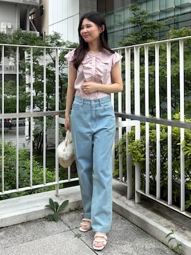 「couture brooch（クチュールブローチ）の【洗える】リボン調フリル ストライプ ブラウス（シャツ/ブラウス、ピンク系）」を使った、AOIさん（レディース・157cm）の夏コーディネート
