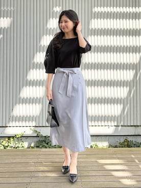 「couture brooch（クチュールブローチ）の【接触冷感・UVカット】60シルケット エンブロドルマントップス（Tシャツ/カットソー、ブラック系）」を使った、AOIさん（レディース・157cm）の春コーディネート
