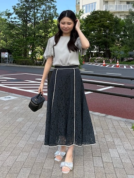 「couture brooch（クチュールブローチ）の【洗える】袖レース テレコトップス（Tシャツ/カットソー、グリーン系）」を使った、AOIさん（レディース・157cm）の春コーディネート