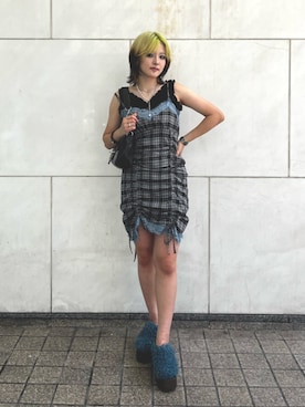 「jouetie（ジュエティ）の【MINAMI×jouetie】シャーリングキャミワンピース（ワンピース、ブラック系）」を使った、UTAさん（レディース・167cm）の夏コーディネート
