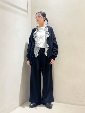 「JOURNAL STANDARD LUXE（ジャーナルスタンダード　ラックス）のハイツイストテンジク Vネックカーディガン（カーディガン/ボレロ、ブラック系）」を使った、Y.Kさん（レディース・163cm）の春コーディネート
