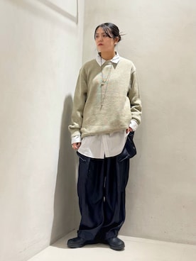 「JOURNAL STANDARD LUXE（ジャーナルスタンダード　ラックス）のヴィンテージツイル カーゴパンツ（カーゴパンツ、ブルー系）」を使った、Y.Kさん（レディース・163cm）の冬コーディネート