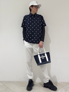 「adabat（アダバット）の【ADABAT NAVY】モノグラムサッカー半袖ポロシャツ（ポロシャツ、ブルー系）」を使った、シンさん（メンズ・176cm）の夏コーディネート