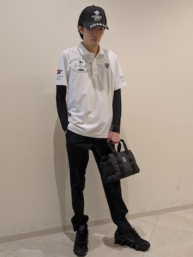 「adabat（アダバット）の【ADABAT NAVY】吸水速乾/UVカット カノコグラフィックロゴ半袖ポロシャツ（ポロシャツ、ホワイト系）」を使った、シンさん（メンズ・176cm）の夏コーディネート