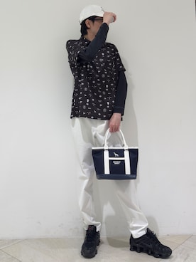 「adabat（アダバット）の【ADABAT NAVY】UVケア/吸水速乾　シャダンモノグラムプリント半袖ポロシャツ（ポロシャツ、ブラウン系）」を使った、シンさん（メンズ・176cm）の夏コーディネート