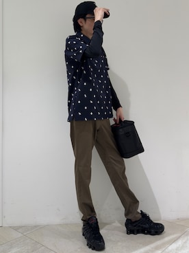 「adabat（アダバット）の【ADABAT NAVY】モノグラムサッカー半袖ポロシャツ（ポロシャツ、ブルー系）」を使った、シンさん（メンズ・176cm）の夏コーディネート