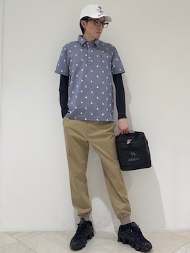 「adabat（アダバット）の【ADABAT NAVY】モノグラムサッカー半袖ポロシャツ（ポロシャツ、ホワイト系）」を使った、シンさん（メンズ・176cm）の夏コーディネート