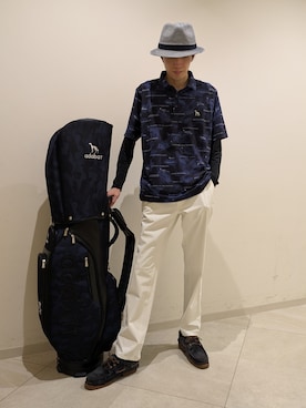 「adabat（アダバット）の【ADABAT NAVY】吸水速乾/UVカット エアロフォトリンクスプリント半袖ポロシャツ（ポロシャツ、ブルー系）」を使った、シンさん（メンズ・176cm）の夏コーディネート