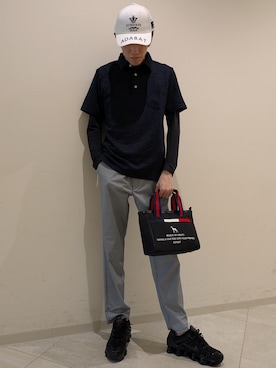 「adabat（アダバット）の【UVカット/ストレッチ】ボタニカルジャカード半袖ポロシャツ（ポロシャツ、ブルー系）」を使った、シンさん（メンズ・176cm）の夏コーディネート