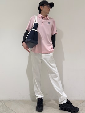 「adabat（アダバット）の【ADABAT NAVY】吸水速乾/UVカット カノコエンブレム半袖ポロシャツ（ポロシャツ、ピンク系）」を使った、シンさん（メンズ・176cm）の夏コーディネート