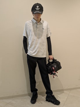 「adabat（アダバット）の【ADABAT NAVY】吸水速乾/UVカット リンクスジャガード半袖ポロシャツ（ポロシャツ、グレー系）」を使った、シンさん（メンズ・176cm）の夏コーディネート