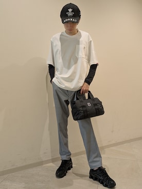 「adabat（アダバット）の接触冷感/抗菌防臭/消臭 アイスクリアコットンポケTシャツ（Tシャツ/カットソー、ホワイト系）」を使った、シンさん（メンズ・176cm）の夏コーディネート