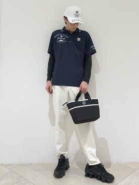 「adabat（アダバット）の【ADABAT NAVY】吸水速乾/UVカット カノコグラフィックロゴ半袖ポロシャツ（ポロシャツ、ブルー系）」を使った、シンさん（メンズ・176cm）の夏コーディネート