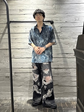 「HARE（ハレ）のブロークンワイドデニムパンツ(HARE)（デニムパンツ、ブラック系）」を使った、kztstyleさん（メンズ）の夏コーディネート