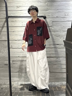 「HARE（ハレ）のドローイングパッチシャツ(HARE)（シャツ/ブラウス、レッド系）」を使った、kztstyleさん（メンズ）の夏コーディネート