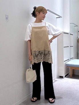 「GLOBAL WORK（グローバルワーク）のリッチクリーン透けにくいドルマンプルオーバー/636794（Tシャツ/カットソー、ホワイト系）」を使った、みずほさん（レディース・154cm）の夏コーディネート