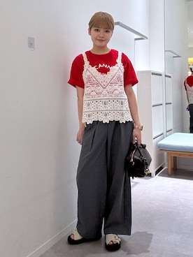 「GLOBAL WORK（グローバルワーク）のノンストレスリッチワイドパンツ/632962（その他パンツ、グレー系）」を使った、みずほさん（レディース・154cm）の夏コーディネート