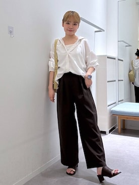 「GLOBAL WORK（グローバルワーク）のノンストレスリッチワイドパンツ/632962（その他パンツ、ブラウン系）」を使った、みずほさん（レディース・154cm）の夏コーディネート