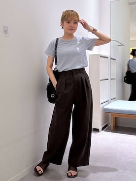 「GLOBAL WORK（グローバルワーク）のノンストレスリッチワイドパンツ/632962（その他パンツ、ブラウン系）」を使った、みずほさん（レディース・154cm）の夏コーディネート